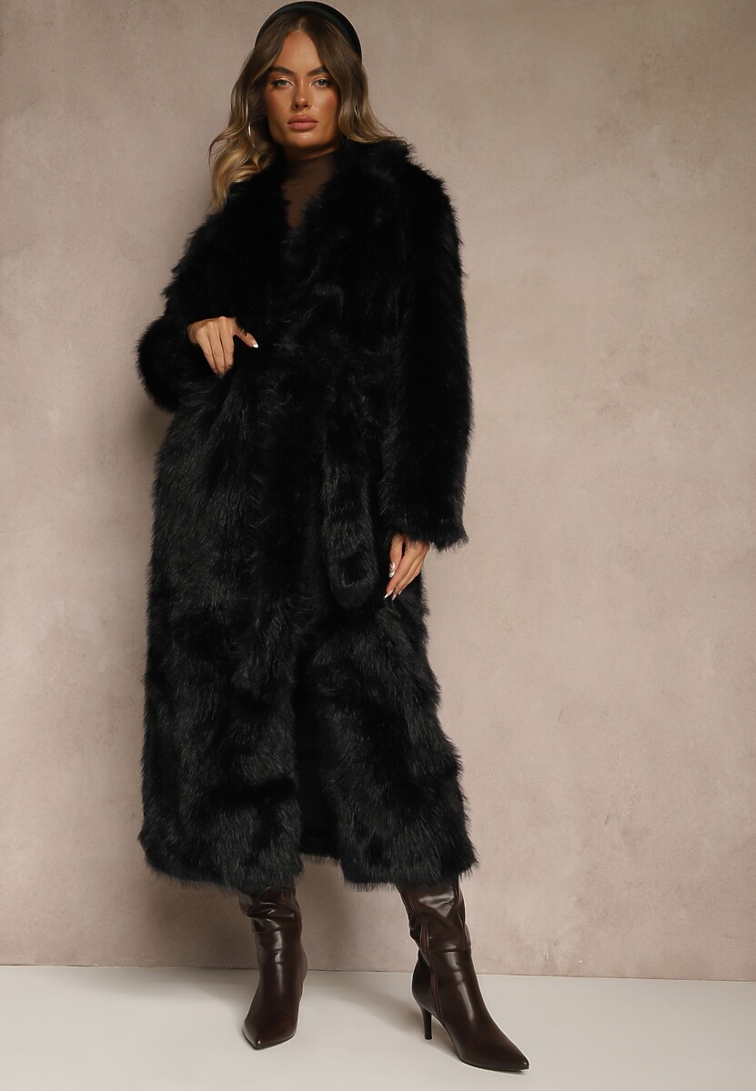 Czarny Płaszcz Futerko z Paskiem Wiązanym w Talii Dinelle