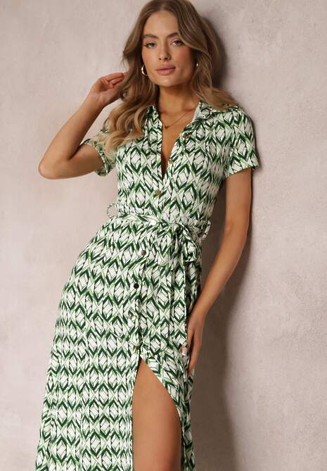 Zielona Sukienka Mamci Koszulowa Wiązana w Pasie Maevana