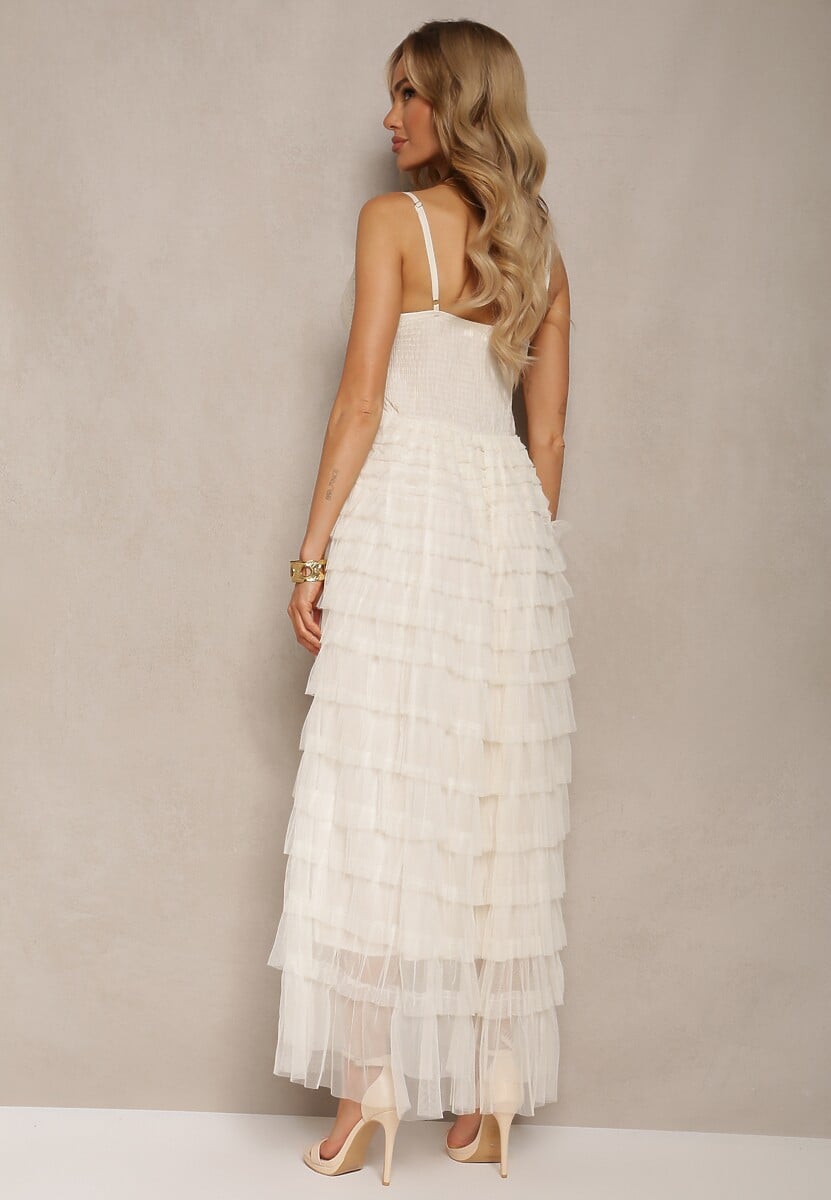 Beżowa Sukienka z Koronką na Regulowanych Ramiączkach z Falbankami Joellama