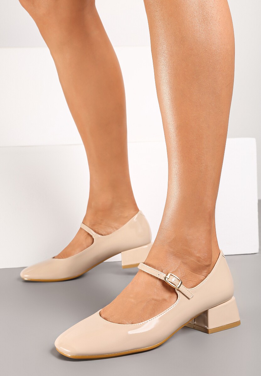 Bordowe Czółenka o Lakierowanym Połysku na Niskim Obcasie z Paskiem i Klamerką Karzina