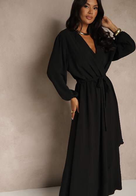 Czarna Asymetryczna Koktajlowa Sukienka z Wiskozą Kopertowym Dekoltem i Paskiem Laniea