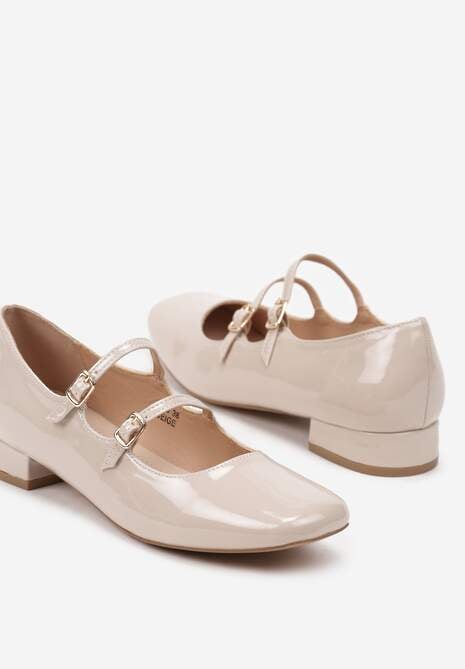 Beżowe Czółenka Lakierowane na Płaskiej Podeszwie Zapinane na Sprzączki Erialin
