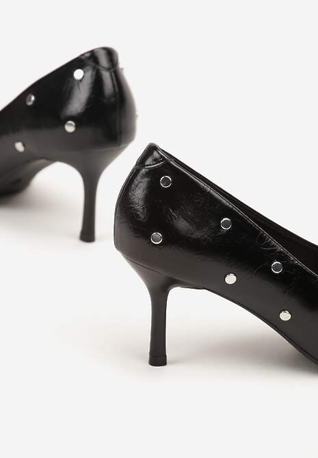 Czarne Czółenka Vices na Szpilce z Wkładką ze Skóry Naturalnej z Klamrą i Ćwiekami Riloria