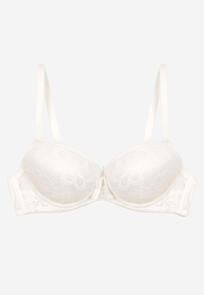 Jasnobeżowy Biustonosz Push Up z Koronkowym Zdobieniem Ravgis