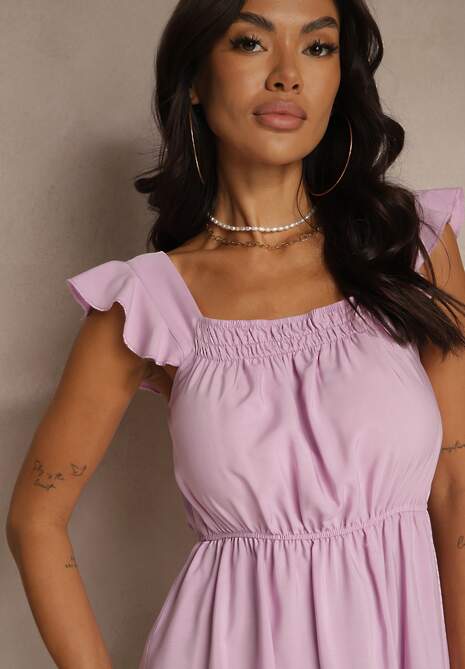 Fioletowa Rozkloszowana Sukienka z Wiskozą z Gumką w Talii Lirandine