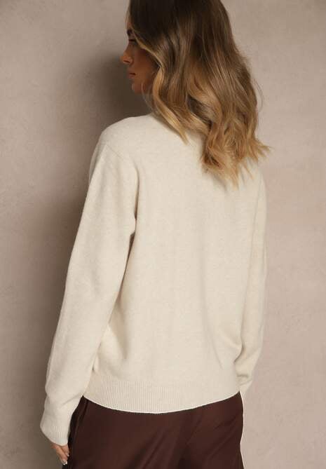 Beżowy Sweter z Wełną i Wiskozą z Trójkątnym Dekoltem Kaitte