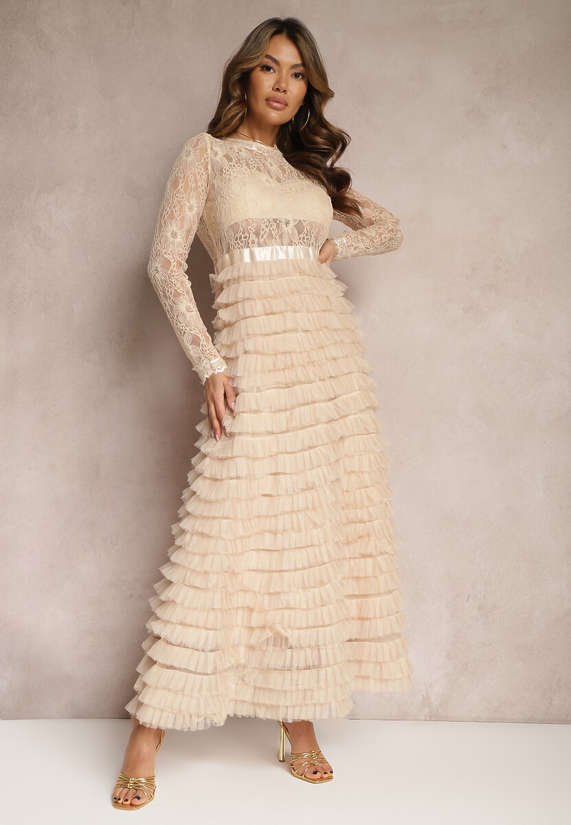 Biała Koronkowa Sukienka Maxi o Rozkloszowanym Kroju z Tiulowymi Falbankami Sivina