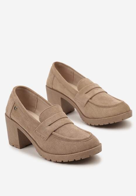 Ciemnobeżowe Półbuty Mokasyny z Ekozamszu na Słupku i Platformie Andarco