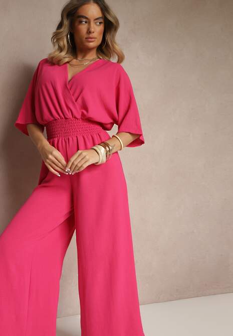 Fuksjowy Taliowany Kombinezon z Zakładkowym Dekoltem i Gumką w Pasie Vimalynna