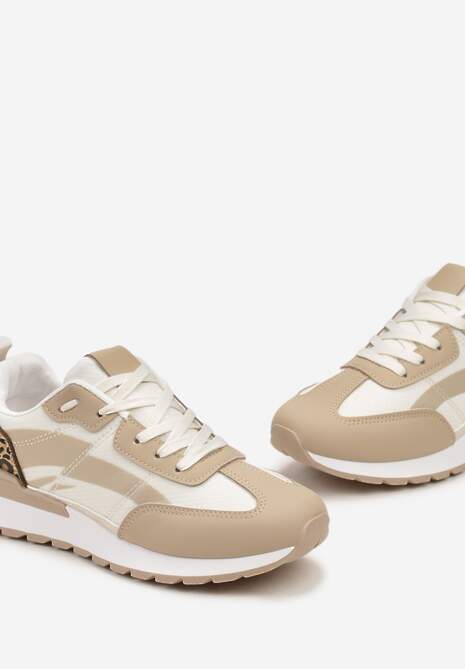 Ciemnobeżowe Sznurowane Sneakersy z Materiałowymi Wstawkami Aneril