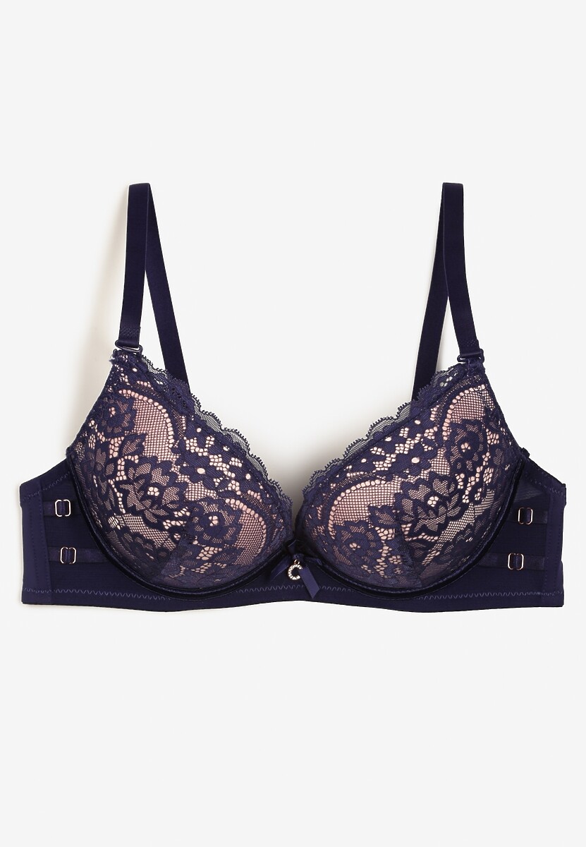 Granatowo-Różowy Biustonosz z Regulowanymi Ramiączkami Zapinany na Haftki Ozdobiony Koronką Zloella