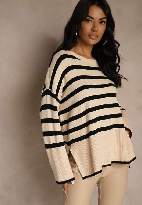 Kremowo-Czarny Sweter Oversize w Paski Kalitusa