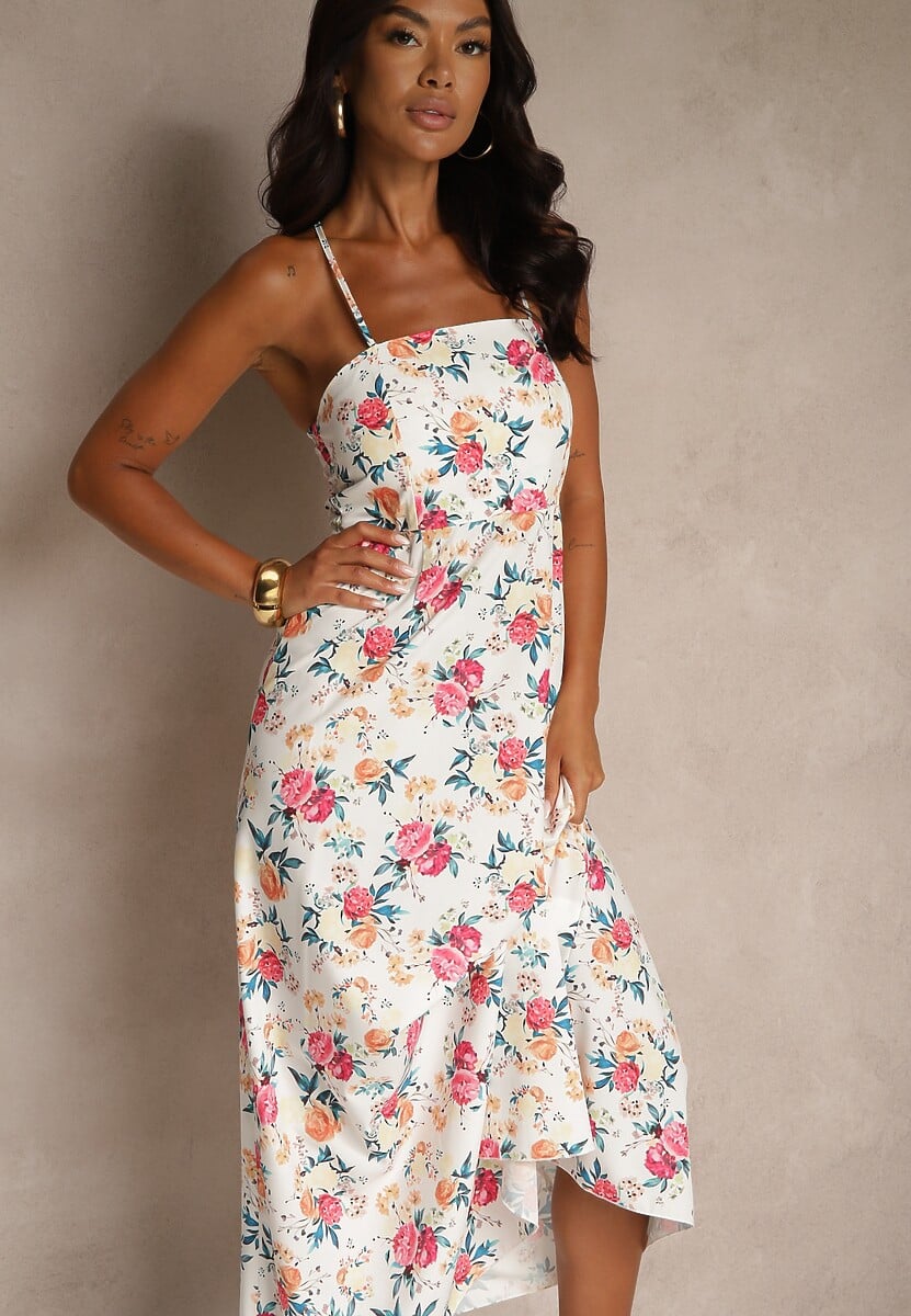 Różowa Rozkloszowana Sukienka z Wiskozą w Kwiatowy Wzór Nalivie