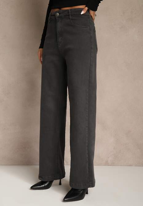 Ciemnoszare Jeansy High Waist z Szerokimi Nogawkami Vetimira