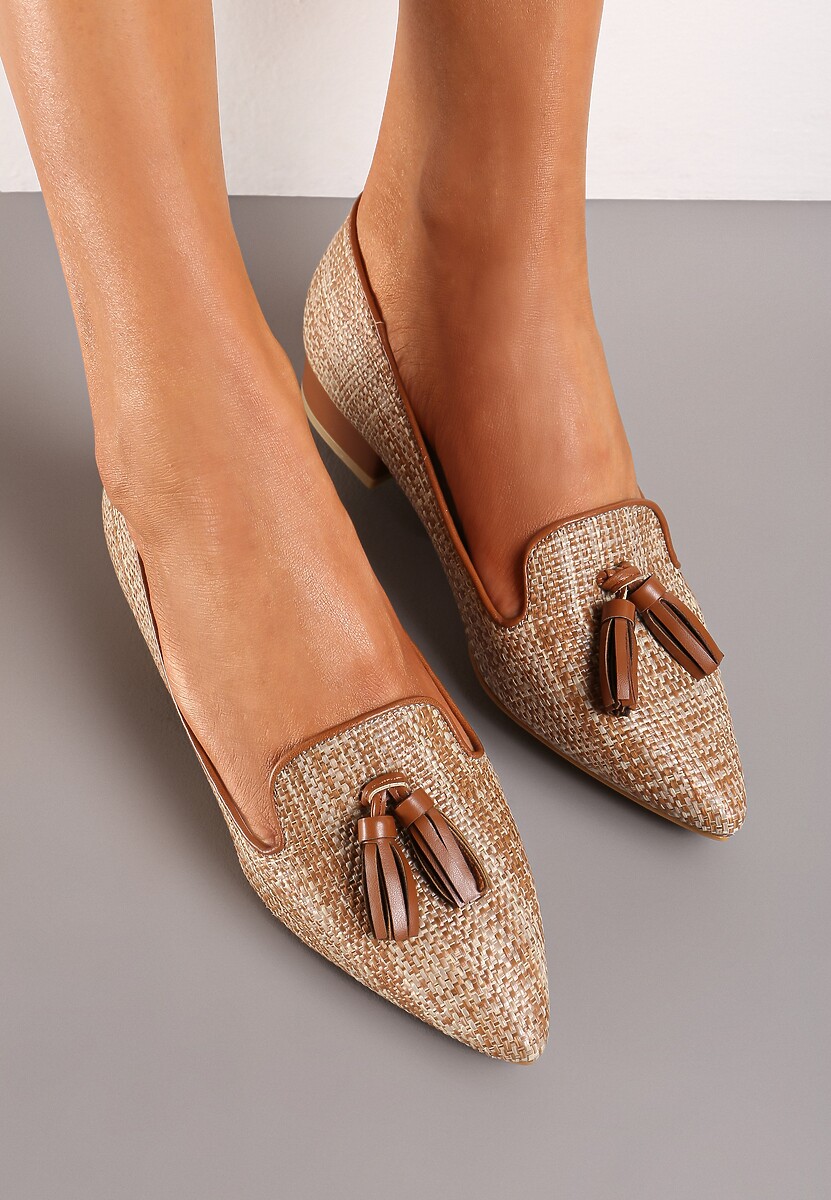 Brązowe Mokasyny Loafersy Ozdobione Frędzlami i Kolorową Plecionką Tiules