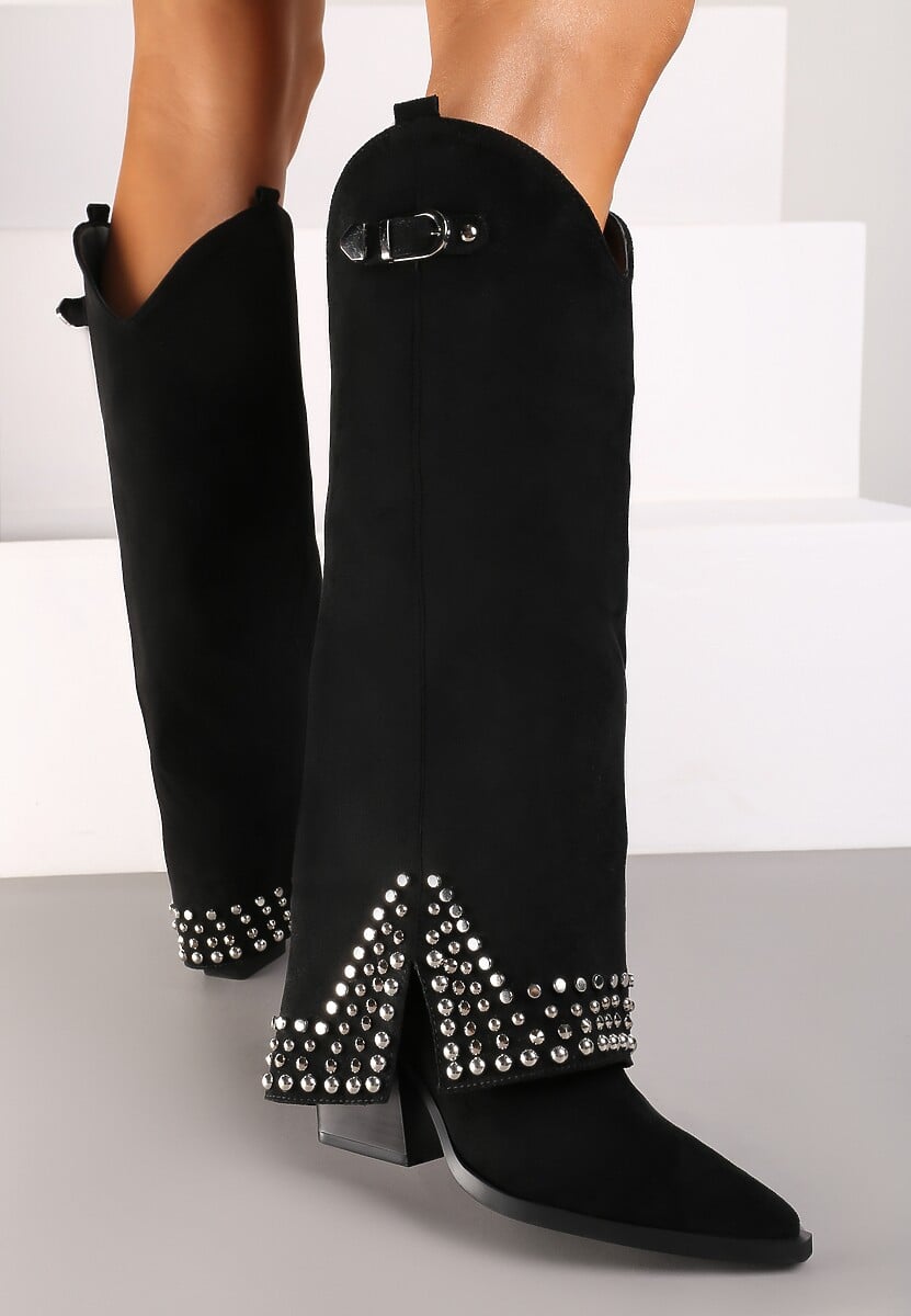 Czarne Kozaki w Stylu Kowbojek z Nitami i Wywiniętą Cholewką Irimora