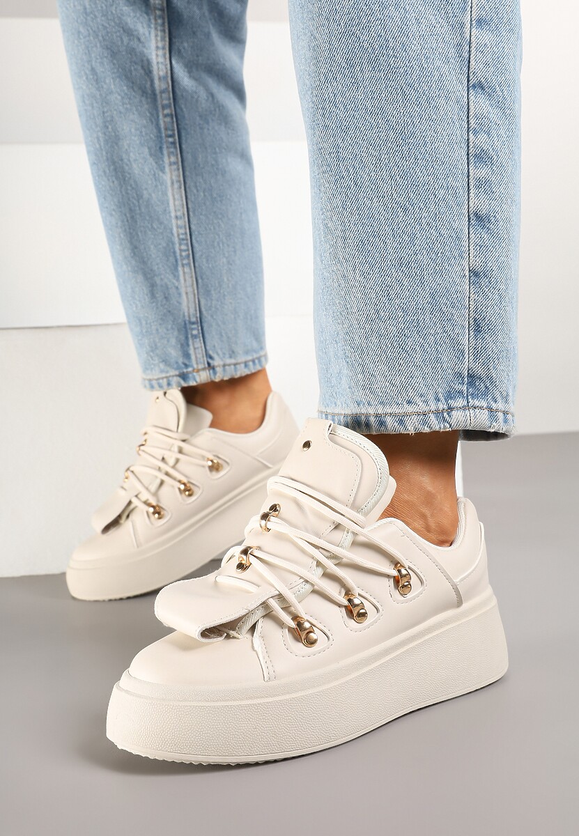 Beżowe Sneakersy na Platformie Ozdobione Wstawką i Rzemykami na Języku Barilsa