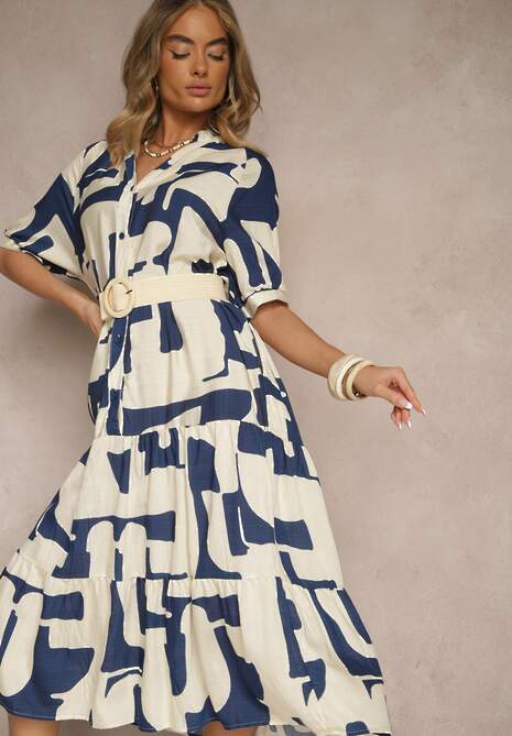 Granatowa Sukienka z Wiskozy Ozdobiona Geometrycznym Motywem Filorea