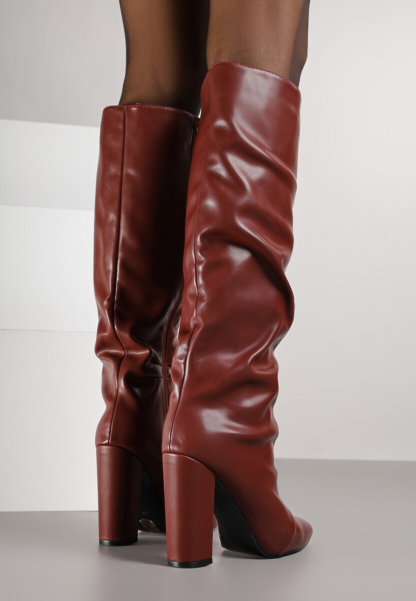 Bordowe Marszczone Kozaki na Słupkowym Obcasie z Noskiem w Szpic Badara