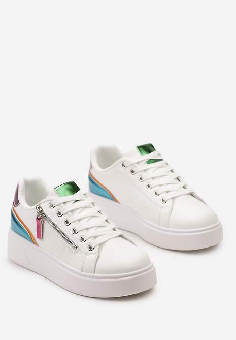 Biało-Niebieskie Sneakersy z Ozdobnym Suwakiem i Platformą Iolanna