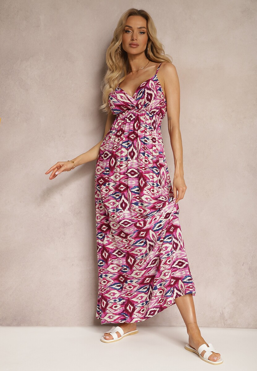 Biało-Czarna Wiskozowa Sukienka z Dekoltem w Serek z Regulowanymi Ramiączkami i Gumką w Talii Bellastar