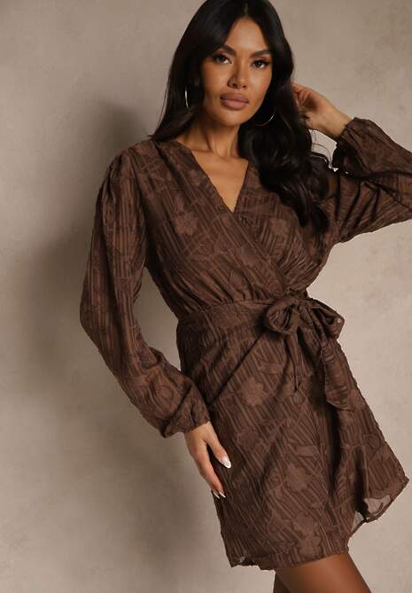 Brązowa Sukienka w Kwiaty o Kopertowym Kroju z Wiązanym Paskiem Essna