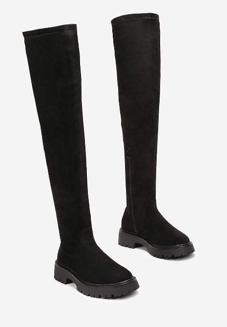 Czarne Kozaki za Kolano na Grubej Podeszwie z Protektorem Ludra