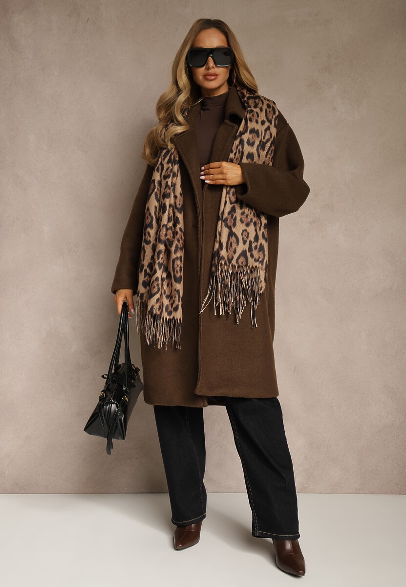Brązowy Wiskozowy Szalik w Panterkę z Frędzlami Feriella