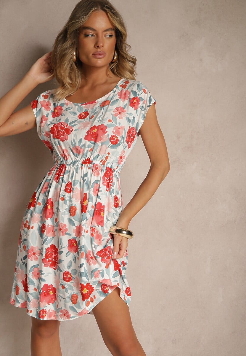 Czerwona Rozkloszowana Sukienka z Bawełną w Kwiaty Talisenia