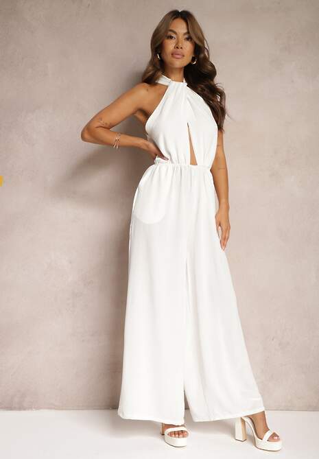 Biały Taliowany Kombinezon ze Ściągaczem w Talii i Wiązaniem przy Szyi Rivasiris