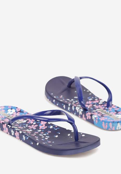 Granatowe Piankowe Japonki ze Wzorem w Kwiaty Gleandra