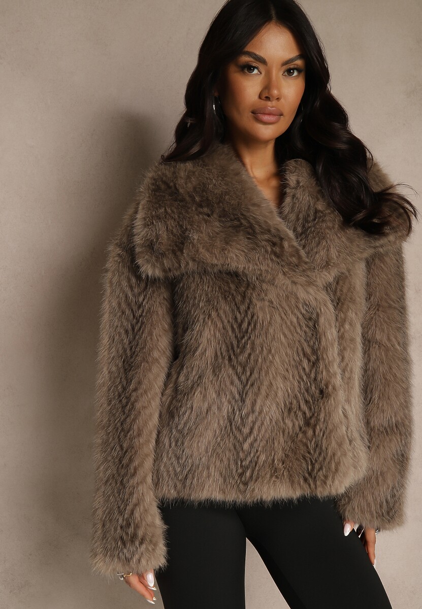 Jasnobrązowa Kurtka Futerko Ozdobione Cieniowanym Motywem Monideva