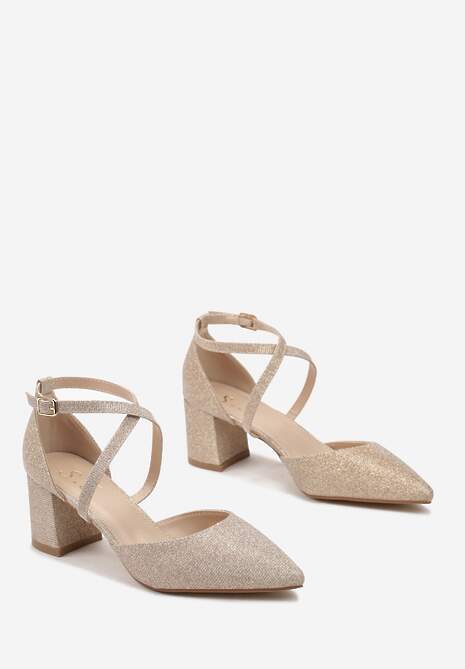 Złote Brokatowe Czółenka na Słupku ze Szpiczastym Noskiem Felaria