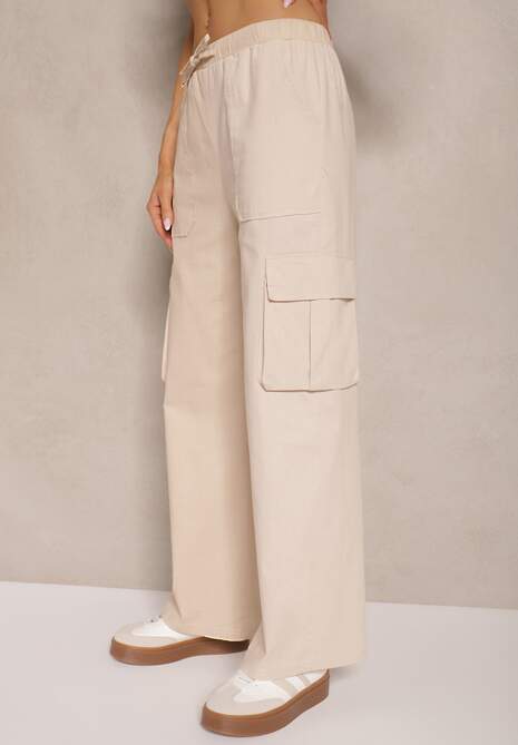 Beżowe Spodnie z Bawełny o Szerokim Kroju Cargo High Waist Katienne