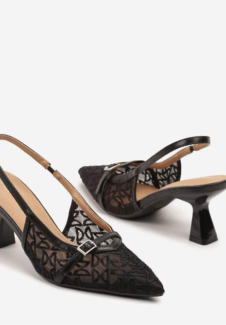 Czarne Sandały Vices na Obcasie z Haftowanej Siateczki Telaniriel