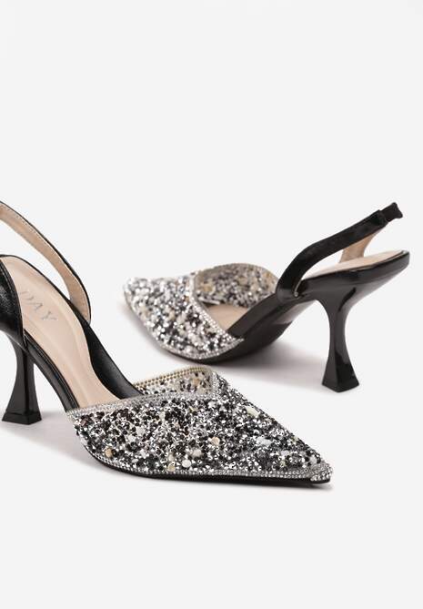 Czarne Cyrkoniowe Sandały ze Szpiczastym Noskiem na Obcasie Noredis