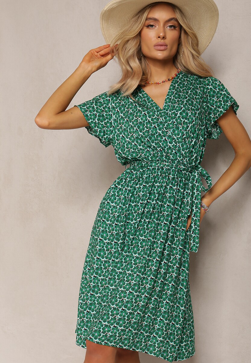 Niebieska Letnia Sukienka Kopertowa Wiązana w Pasie z Wiskozy Meridase