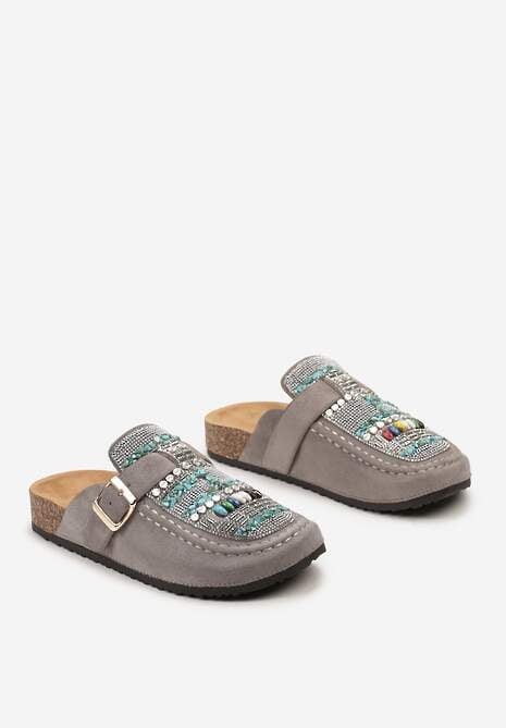 Szare Klapki w typie Muli z Korkową Podeszwą i Ozdobnymi Kamieniami Louvia