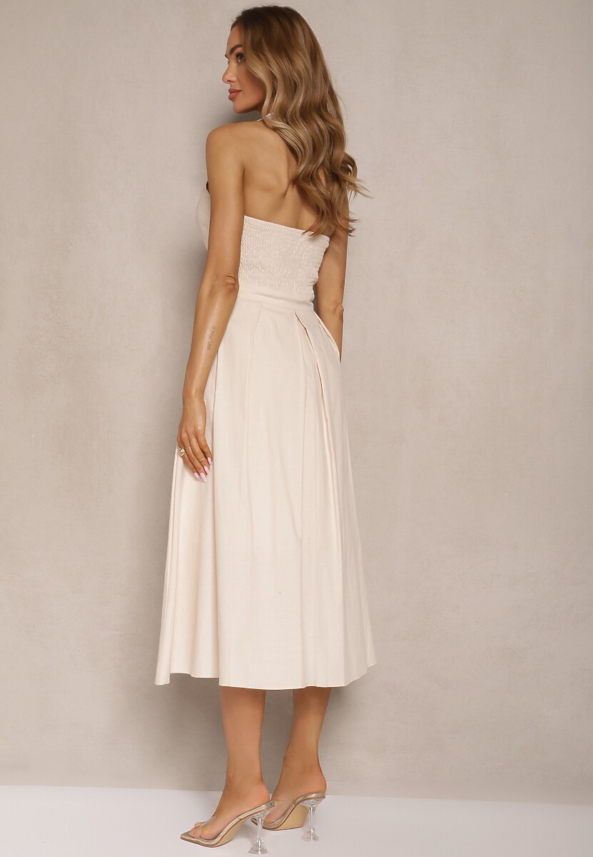 Beżowa Rozkloszowana Sukienka z Bawełną i Wiskozą na Szyję Kinulia