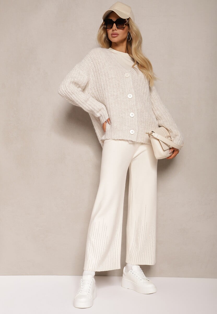 Jasnobeżowe Spodnie o Szerokim Kroju High Waist z Cyrkoniami i Gumką w Pasie Loreitha