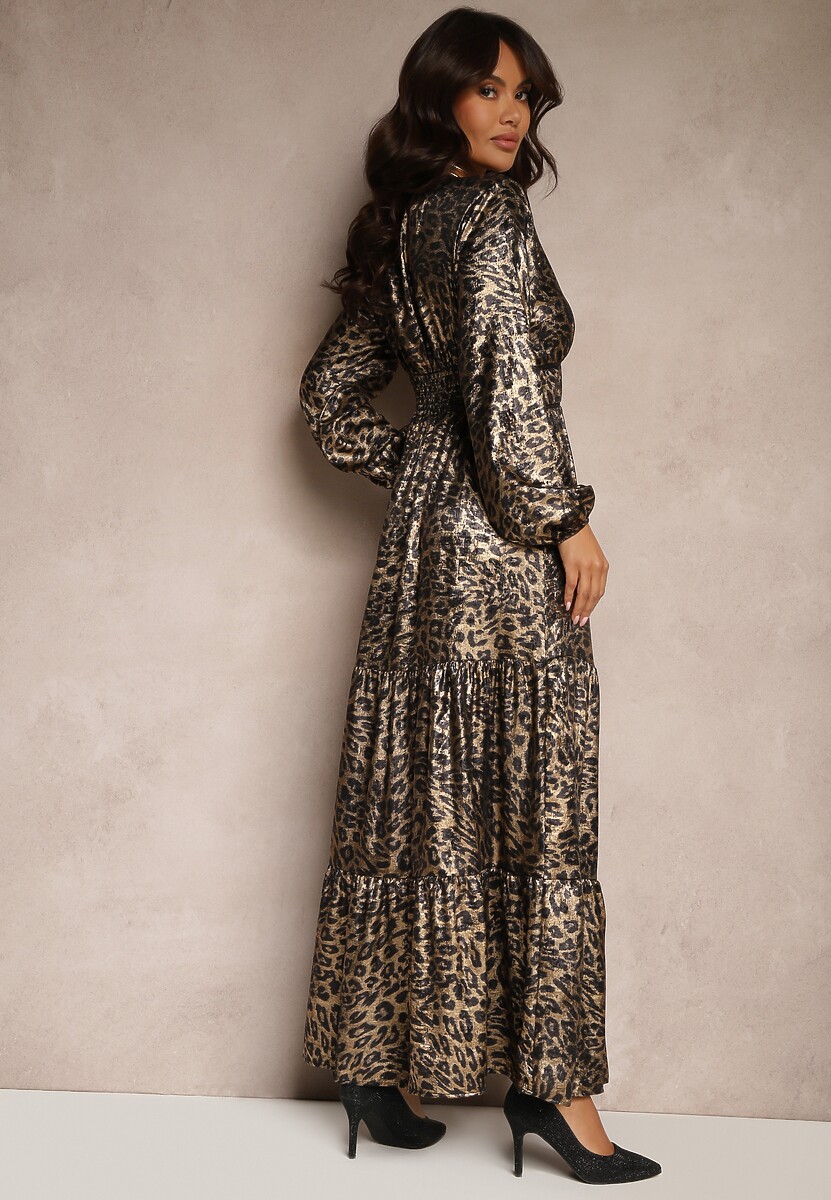 Czarno-Złota  Sukienka w Panterkę o Rozkloszowanym Kroju z Falbankami i Gumką w Pasie Firintina