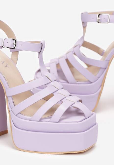 Fioletowe Sandały na Wysokim Słupku i Platformie z Kwadratowym Noskiem i Sprzączką Lakota