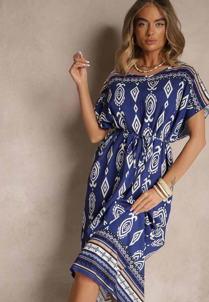 Czarna Wiskozowa Sukienka o Pudełkowym Kroju w Etniczny Print Miriliana