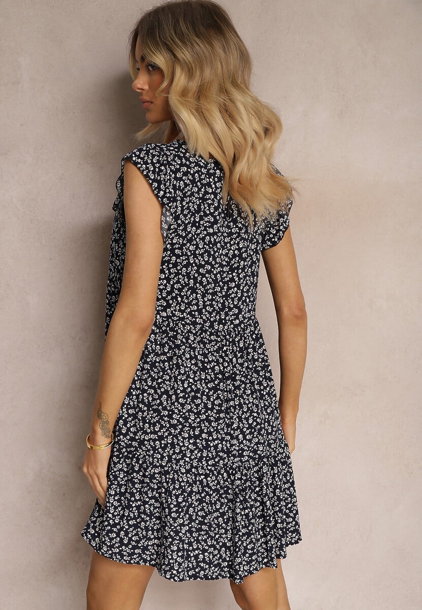 Granatowa Rozkloszowana Sukienka z Bawełny Ozdobiona Falbanką Crisandra