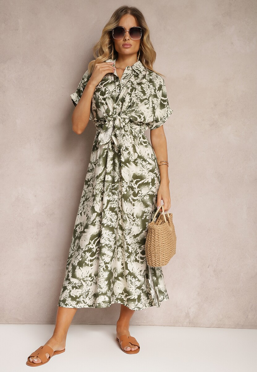 Zielono-Biała Sukienka Taliowana z Gumką w Talii Nasilena