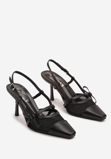 Czarne Czółenka na Szpilce Typu Slingback z Siateczkową Cholewką Asdexia