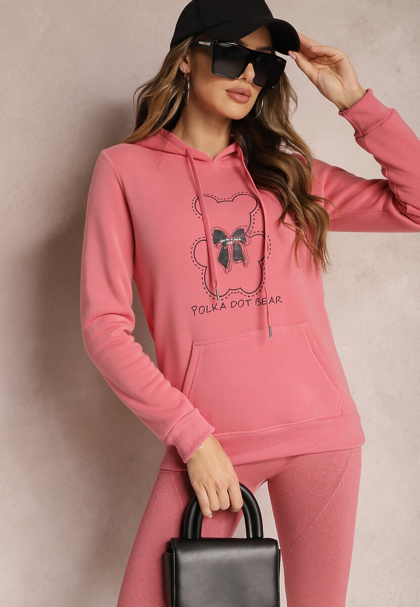 Różowa Bluza Kangurka ze Ściągaczami z Nadrukiem i Polarem Simunsa