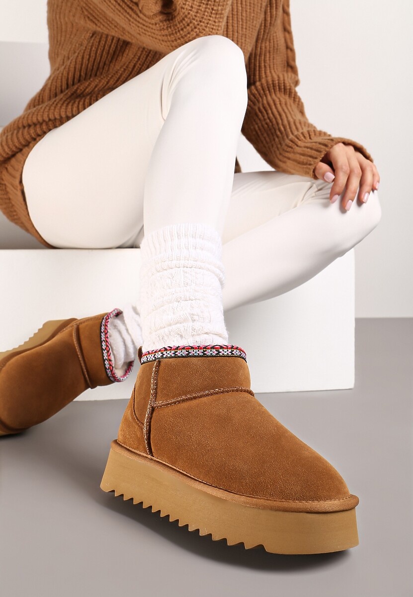 Brązowe Śniegowce na Platformie ze Skóry Naturalnej Ozdobione Haftem Narisha