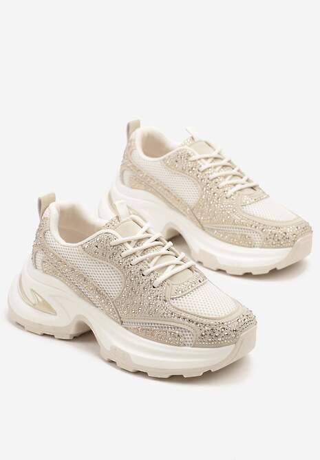 Beżowe Sneakersy na Platformie Ozdobione Cyrkoniami Kornelai