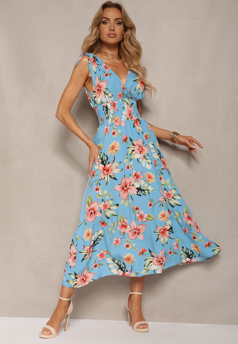 Różowa Kwiecista Sukienka z Gumką w Talii i Trójkątnym Dekoltem ze Ściągaczami Taseria